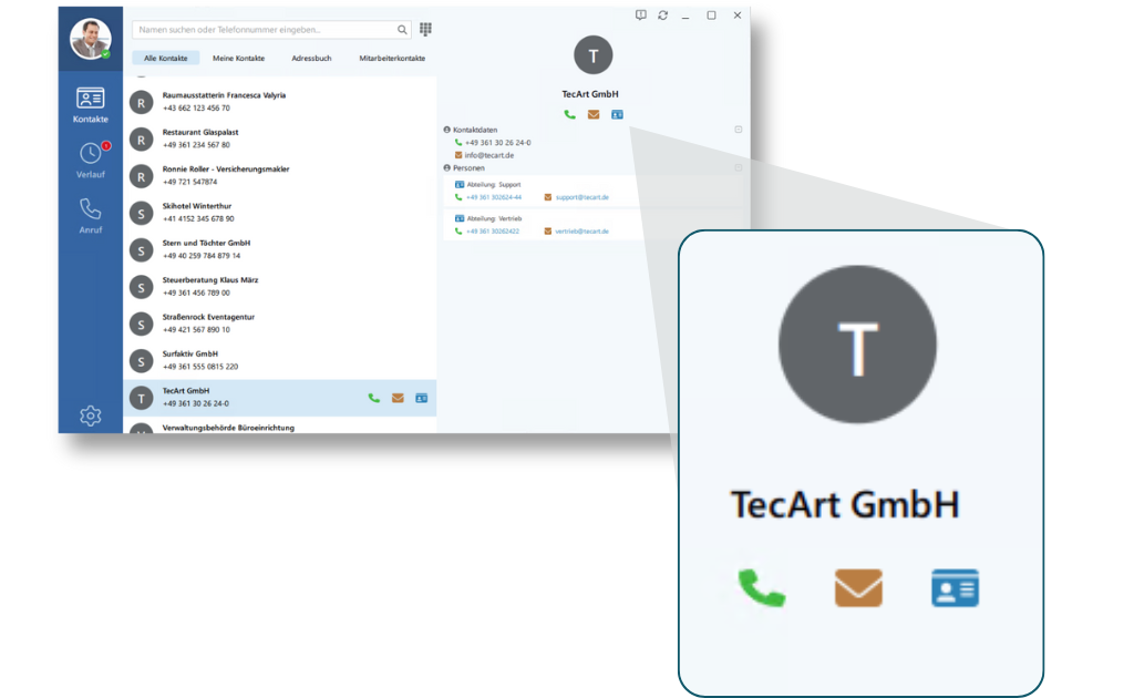 Kontaktinformationen, E-Mails und Anrufe direkt im CTI-Client öffnen